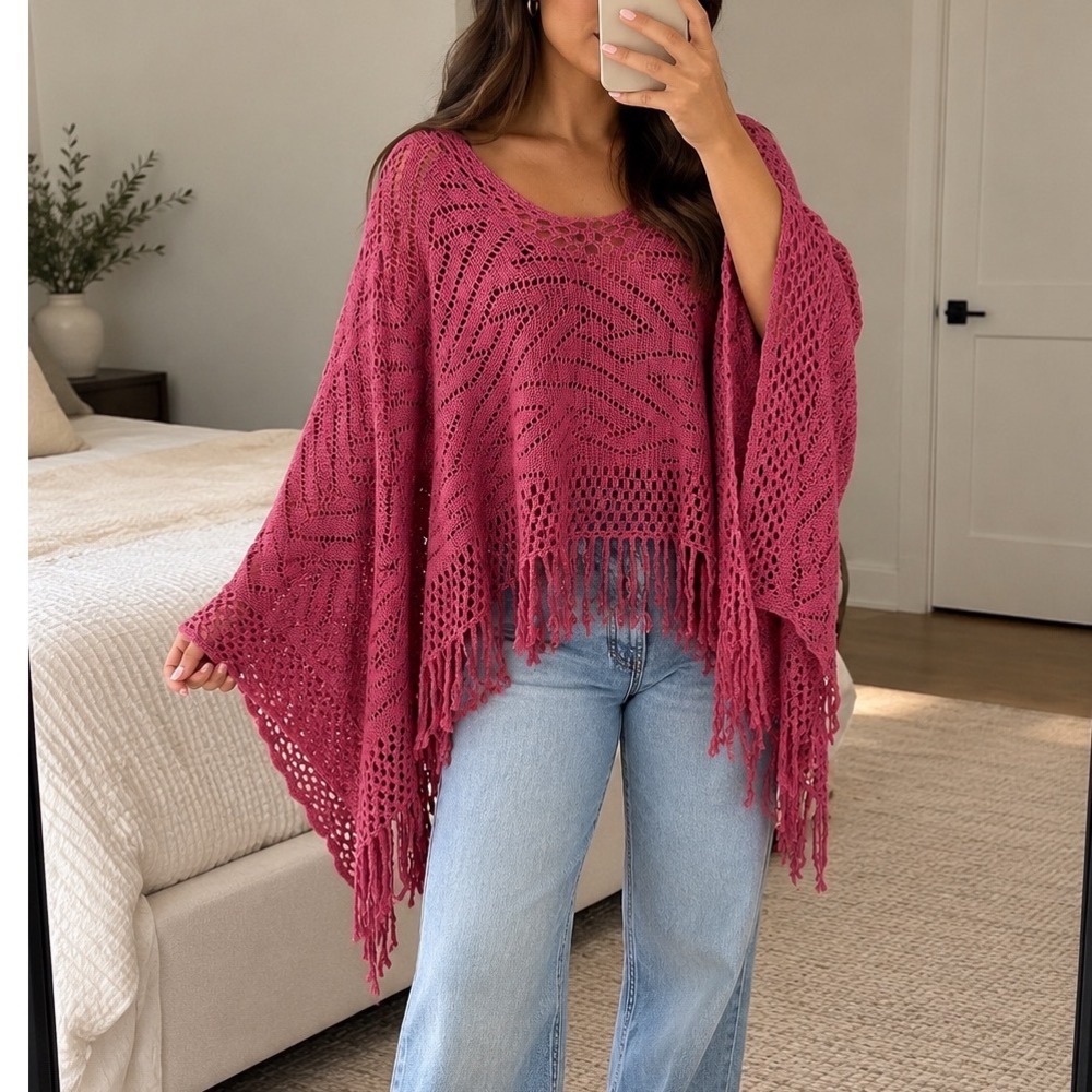 Magenta Pink Open Knit Crochet Fringe Poncho Boho Festival Wrap One Size